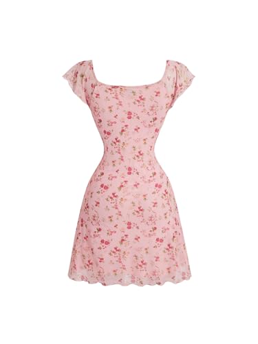 Image of Floerns Women's Floral Print Cap Sleeve Dress Square Neck Tie Front Summer A Line Cute Mini Dresses