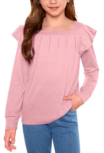 Girls Fall Pleated Long Sleeve Shirt Ruffle Sleeve Top Square Neck Casual Blouse 6-14 Years