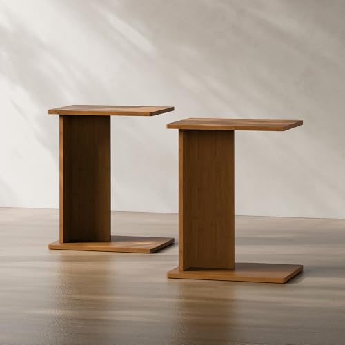 Image of RECCI Solid Bamboo C-Shaped End Table Set of 2 for Couch and Sofa, Sustainable Mid-Century Modern Wood Side Table for Living Room or Bedroom, Easy Assembly C Table Nightstand (Walnut)