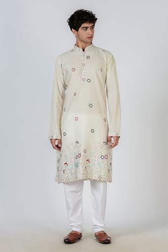 Image of BE ACTIVE Men's Cotton | Regular Fit Casual Mandarin Collar | Long Length Full Sleeves | Embroidered Indian Kurta