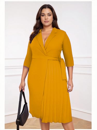 Image of Hostoyo Plus Size Wrap Dress Elegant Pleated Formal Midi Dresses Suit Collar 3 /4 Sleeve Belted Casual Church Outdoor Office