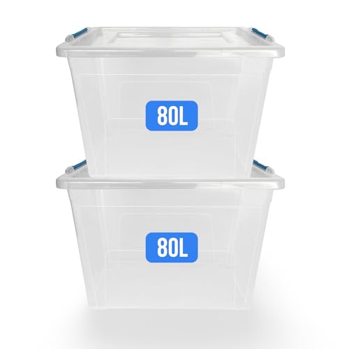 KAPCO 2 x 80L Plastic Storage Boxes with Lids | Durable Stackable Organizer Box for Garage, Closet, Kitchen, Loft, Home & Office | Clear Storage Totes with Clip Lock Lid | BPA Free Modular Containers