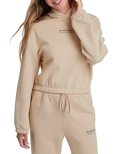 oodji Ultra Damen Kurzer Kapuzenpullover mit Druck, Beige, DE 38 / EU 40 /...