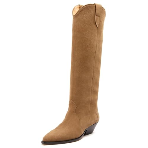 Yishaweiqi Camel Suede Knee High Boots for Women Snip Toe Chunky Heel Cowboy Cowgirl Boots Ladies Fall Wide Calf Tall Boots4