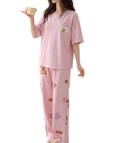 Image of Women's 2-Piece Pajama Set - Short Sleeve Top & Pants Lounge Set, Soft Breathable Sleepwear Night Suit for Women