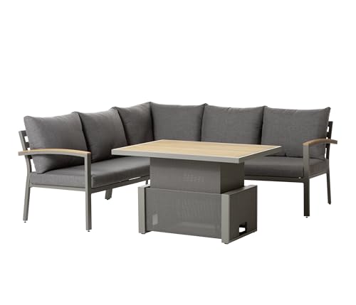 Dehner Garten-Lounge Colmar, 4-teilig, 5-Sitzer, inkl. Tisch und Polster, Aluminium/FSC®-zertifiziertes Teakholz/Olefin, grau/braun