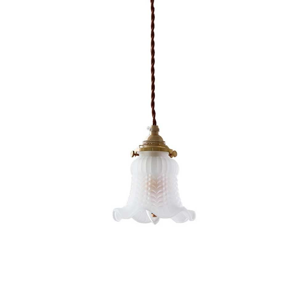 HUAYUSEDF Vintage Frosted Glass Pendant Light Brass Socket Textured Bead Pattern Scalloped Fixture Bell Shape Small Hanging Lamp for Bedside Kitchen Island Lighting Adjustable Cord