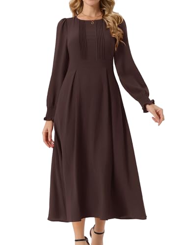Image of Seta T Women's Fall Dress Frilled Long Sleeve A-Line Casual Midi Dresses | Crewneck, Smocked Cuff, Front Pleated, Pockets, Flowy and Lightweight, Party Elegant Outfit 2026