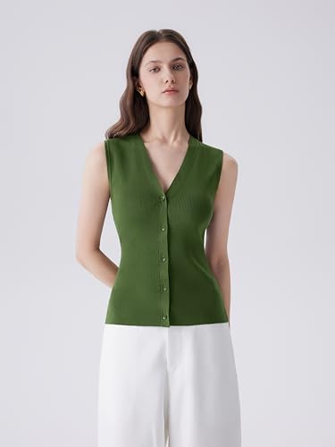 Image of SUUKSESS Women Sleeveless Sweater Tops Summer V Neck Button Down Vest Tops Business Casual Work Shirts