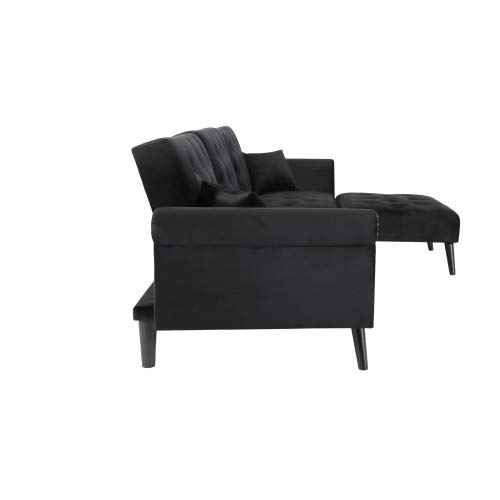 UNIROI Elegant Black Button Velvet Tufted Convertible Bed, L Shape Sectional Sleeper Sofa Couch with Reversible Chaise and 2 Pillows for Living Room Furniture Set - Thumbnail 5