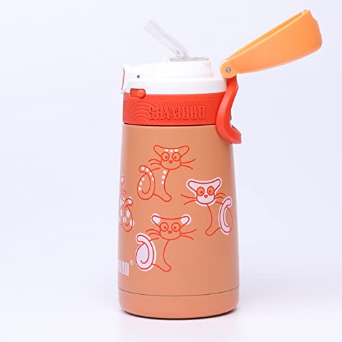 Image of SHAMOBO Kids Water Bottle with Straw Vacuum Insulated 316 Stainless Steel Thermos for School & Travel & Sports & Gift, LeakProof, Easy to Clean, Keep Cold for 12 Hours, 12oz, Cat