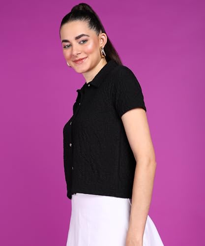 Image of POPWINGS Women Casual Beige Rimjhim Solid Shirt | Half Short Sleeve Shirt | Collar Button Shirt | Simple Solid Shirt