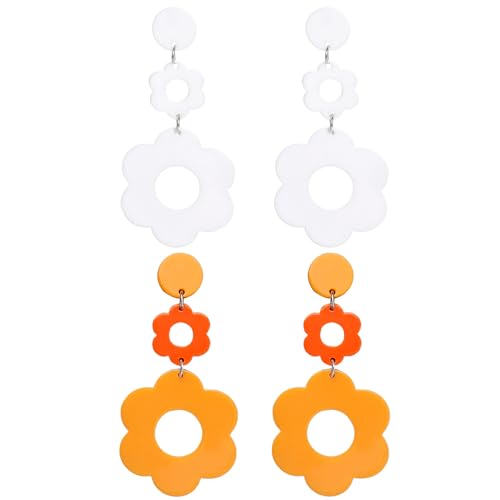 hoyuwak 2 Pairs 70s Acrylic Daisy Dangle Earrings Y2k Resin Floral Earrings 60s 70s Flowers Earrings for Women Summer Holiday, White and Yellow