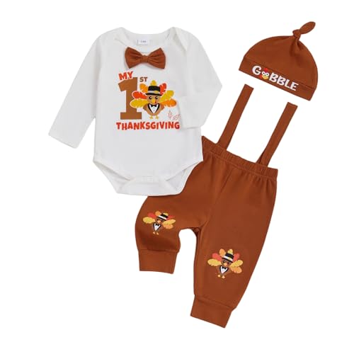 Image of Karuedoo My 1st Thanksgiving Baby Boy Outfit Long Sleeve Bowtie Romper Suspender Pants with Hat 3 Piece Clothes Set