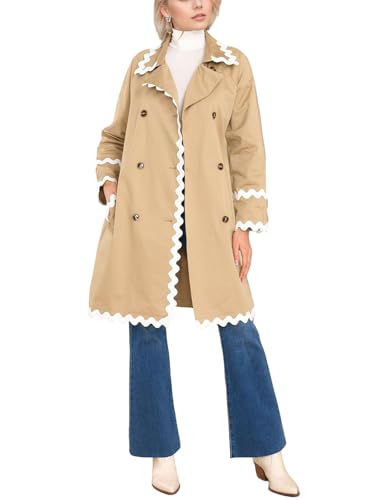 utcoco Womens Scalloped Trim Trench Coat Double Breasted Midi Jacket with Contrast Trim Notch Long Sleeve Belted Outwear