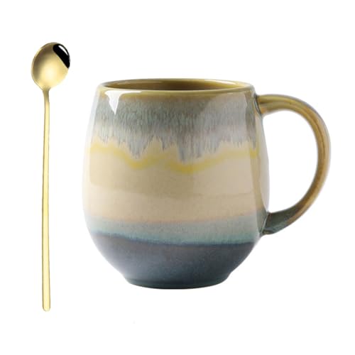 Cteahrow 500 ml Große Porzellan Kaffeetasse Becher Mit Löffel Tasse Steingut Cappuccino Tassen Teetasse Geeignet für Büro und Zuhause(Blau)