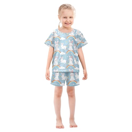 ALAZA Cute Cartoon Rabbit Rainbow Pajamas Set Short Sleeve Cotton Sleepwear Summer Pjs 2 Piece 5-14Y3