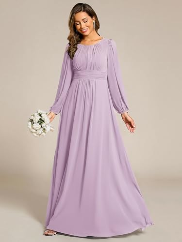 Image of Ever-Pretty Women's Crewneck Long Lantern Sleeves Floor Length A-Line Pleated Chiffon Formal Dress 0106B