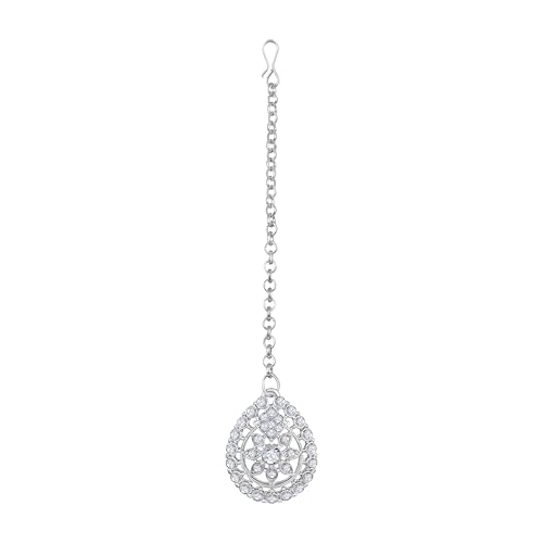 Image of Atasi International Silver Plated White Crystals American Diamonds Stylish Necklace Set with Earrings and Maang Tikka for Women and Girls | Stylish Jewellery for Party, Wedding and Festive Occasions (R6156)