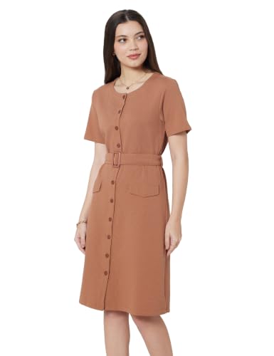 Image of Amazon Brand - Symbol Women's Cotton Blend Seersucker Knit Button-Down Dress | Belted Waist, Short Sleeve, Knee Length (Available in Plus Sizes)