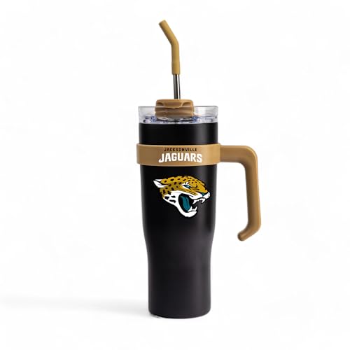 Image of The Memory Company Officially Licensed 46oz Team Color Slim Tumbler with Straw and Handle, Jacksonville Jaguars