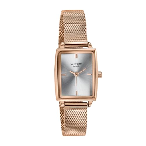 Image of Sonata Poze 8 Quartz Analog Watch and Jewellery Combo for Women with Silver Dial & IP Rose Gold Mesh Strap - SP80174WM01WF
