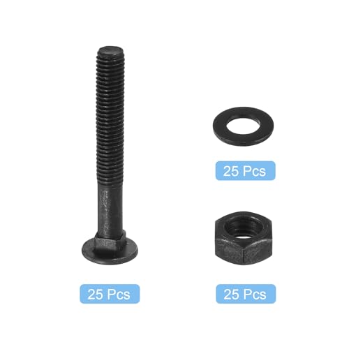 Image of uxcell M10 x 70mm Carriage Bolt Kit, 25 Set Round Head Square Neck Screws, Carriage Bolts Screws Set Includes Washers and Nuts - Carbon Steel Black Oxide for Fastening Accessories
