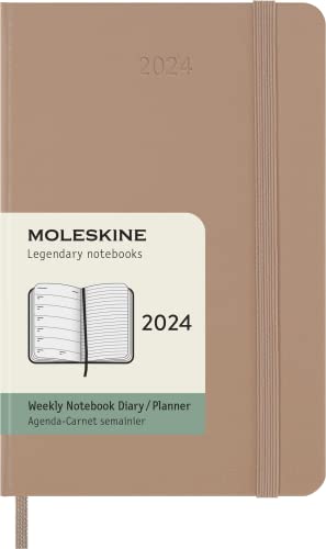 Moleskine Weekly Agenda with Space for Notes 12 Months 2024, Agenda 2024, Size Pocket 9x14, Hard Cover and Elastic Closure, Colour Sandy Brown