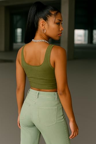 Image of 95% Cotton, 5% Lycra Women's and Girls Solid Ribbed Square Neck Tank Top | Tanktop for Women | Sleeveless Top | Crop Tanktop | Ribbed Tank Top