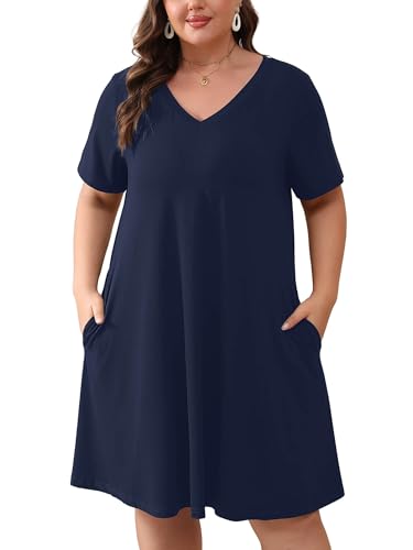 Image of AusLook Plus Size Midi Dress for Women Loose V Neck Short Sleeve Summer Casual A Line T Shirt Sundresses with Pockets 1X-5X
