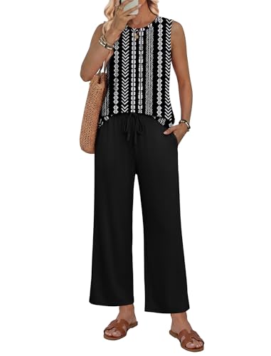 WIHOLL 2 Piece Sets for Women Summer Business Casual Outfits Plus Size Tops Basic Work Ladies Basic Tank Tops Vacation Outfits Wide Leg Dress Pants Lounge Sets Black White Striped XL