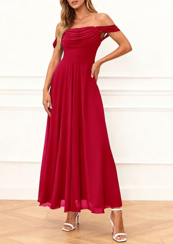 PRETTYGARDEN Womens Off Shoulder Maxi Summer Dresses 2026 Elegant Mesh Aline Swing Ruched Flowy Cocktail Wedding Guest Dress (Red,XX-Large) — view 3