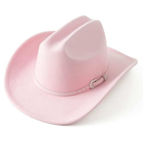 Jastore Kids Western Cowboy Hat for Girl Boy Wide Brim Beach Cowgirl Hat with Belt Buckle Cattleman Cowboys Hats (US Age 5 Years 10 Years Light Pink)
