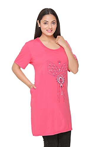 Image of CUPID Women's Cotton Round Neck Half Sleeves Regular Fit Long Tops, Night n Sleep Wear, Daily Use Gym n Lounge Wear T Shirt with Pocket L to XXL