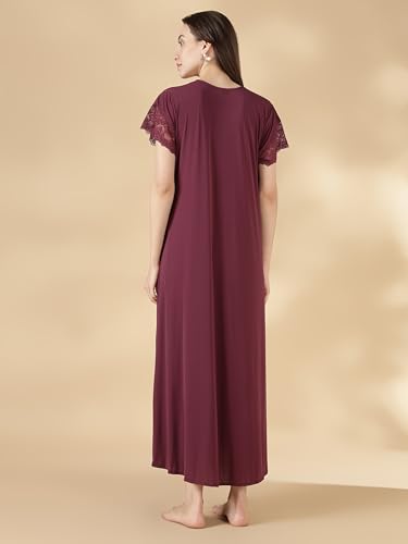 Image of 9shines Label Stylish Soft Modal Maxi Nighty | Honeymoon Nighty | Full Length Trendy Nightgown | V-Neck Lace | Premium Nightdress | Soft Long Nightdress | Maxi Gown Nightwear for Women (Malai Satin)