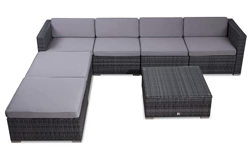 EVRE Nevada Grey 6 Seater Outdoor Rattan Garden Furniture Set Wicker Weave Sofa Coffee Table Stool with Cushions For Patios Decks Conservatories Sectional Corner Conversation Piece - Image 7
