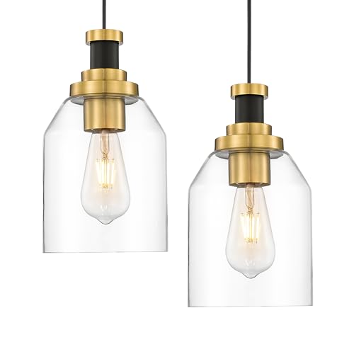 Image of zeyu Glass Pendant Lights Kitchen Island 2 Pack, Modern Hanging Light for Kitchen Sink Dining Room, Clear Glass Shade, Black and Gold Finish, ZG33M1L-2L BK+BG