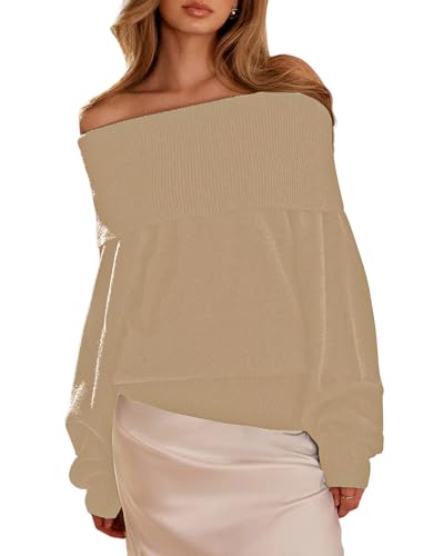 ZAFUL Women's Off Shoulder Sweater 2025 Long Lantern Sleeve Casual Knit Pullover Loose Jumper Tops Coffee