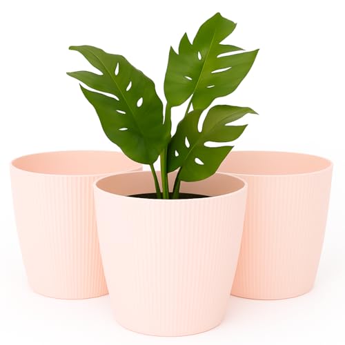 Home Garden Ornaments Blumentopf Übertopf Set aus 3 Kunststoff Blumentöpfen – Streifenmuster, ohne Drainagelöcher – Übertöpfe für Zimmerpflanzen (13.5 cm, Beige)