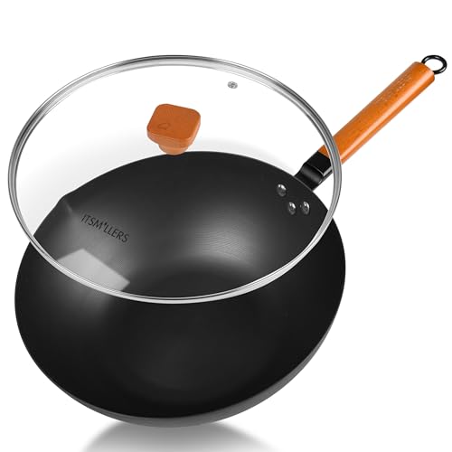 ITSMILLERS 12.5-Inch Carbon Steel Wok with Lid – Pre-Seasoned Fla...
