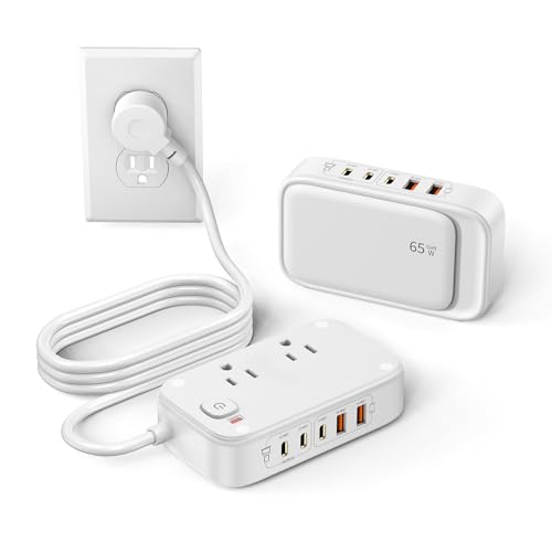 KWRNVO Power Strip with USB Ports, 65W USB C Charger for Laptop 5FT Flat Extension Cord Outlet Extender with 2 AC Outlets, 3 USB C Ports, 2 USB A Ports, Surge Protector Desktop USB Charging Station