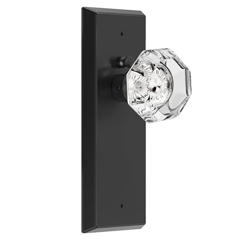 Image of Glass Door Knobs for Interior Doors - Vintage Crystal Privacy Bedroom & Bathroom Door Knob with Lock - Diamond Cut Door Handle - Matte Black Finish (1 Pack 7 Inch Height)