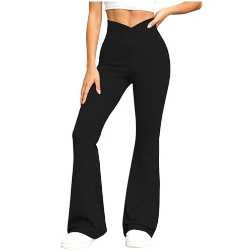 Maayoae Women Crossover Flared Yoga Leggings Tummy Control Stretch Bootcut Workout Pants Gym Walking Daily Casual Outfit Black Teacher Pants for Women Trendy L