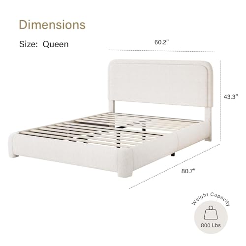 Image of BarnFurin Queen Bed Frame, Cloud Boucle Headboard, Rounded Corners, Beige | Soft boucle and rounded edges create a low-profile cloud look. Wooden slats support the mattress without a box spring
