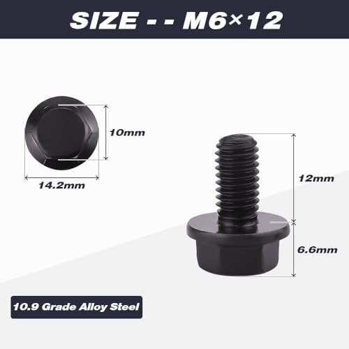 Image of M6-1.0 x 12mm (25 pcs) Flanged Hex Bolt Screws Black Oxide Finish, 10.9 Grade Alloy Steel, Large Flange Washer Head Bolt, DIN6921 /GB5789, Full Thread