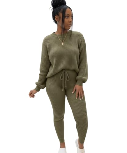 LUXFAB Women's Chunky Knit Lounge Set - Ribbed 2-Piece Tracksuit | 100% Acrylic Winter Loungewear | Crew Neck Top & Joggers | Sizes S-XXL (Khaki, 12-14)