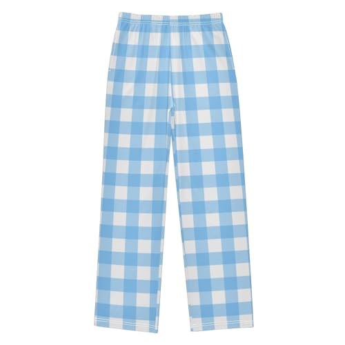 Blue and White Plaid Boys Long Pants Soft Trousers Elastic Waist Kids Lounge Bottoms with Pockets S-XL