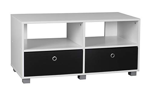 Meuble TV large en bois blanc à 4 sections avec 2 tiroirs noirs design XJBTBA
