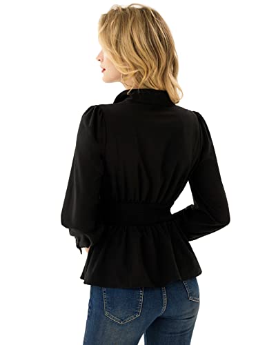 GRACE KARIN Women's 2025 Long Sleeve Peplum Dressy Shirt Office Bow Tie Work Blouses Tops Smocked Waist3