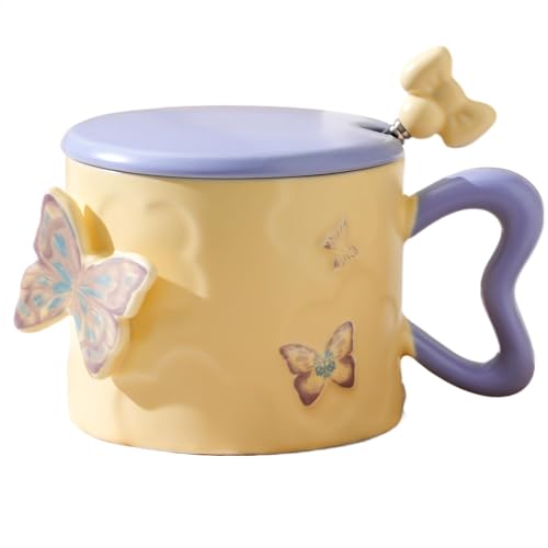 Taza de café de mariposa, vaso de cerámica con diseño de mariposa, taza de 12 onzas con asa y tapa, regalo perfecto de 3.74 x 3.74 x 3.15 pulgadas para novia, mamá, mujeres, ideal para el día de la